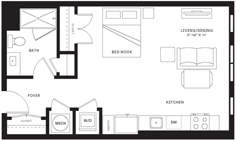 Floor plan for studio, 1 bath, 563 sqft
